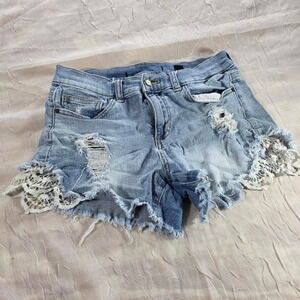 SP Black Label Distressed Denim Lace Trim Shorts Light Wash Boho Festival